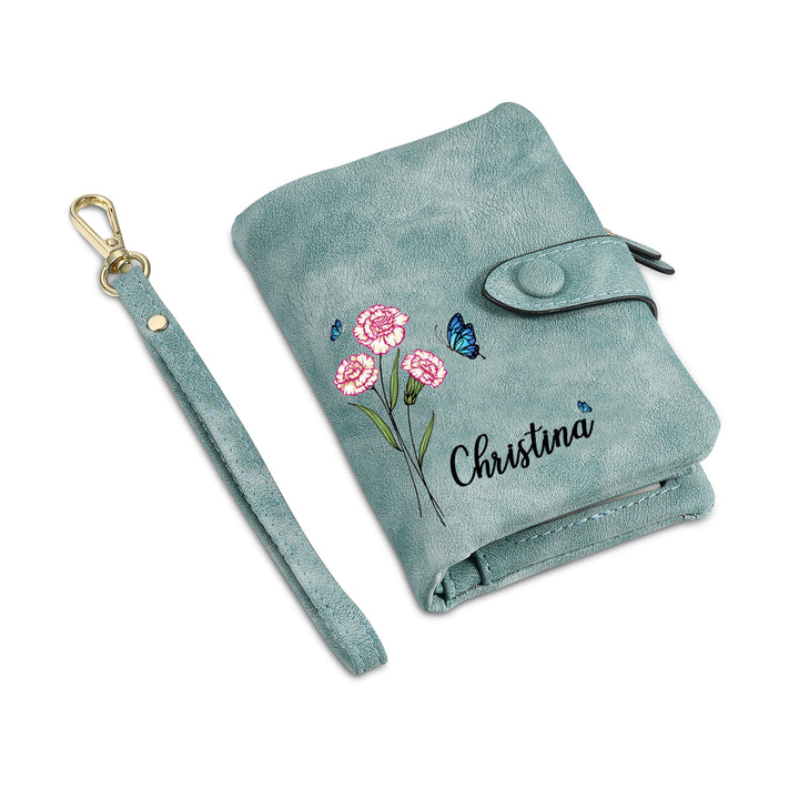 Portefeuille Fleur de naissance 1 Prénom et Photo Personnalisés Porte-Monnaie Carte pour Femmes