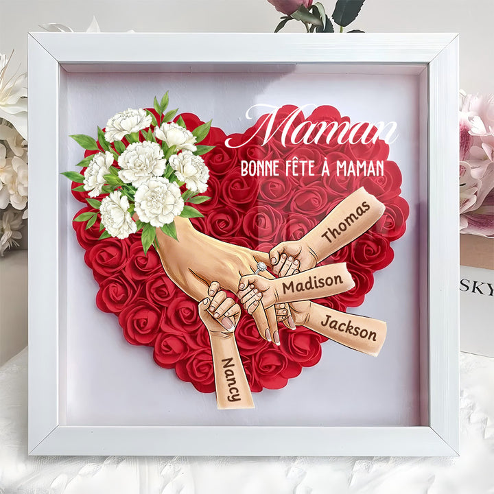 Boîte d’ombre cœur floral personnalisée Maman mains avec prénoms enfants et bague manicure