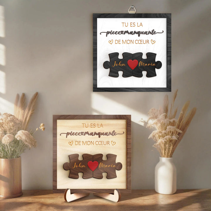 Panneau en bois personnalisé pour couple.,Tu es la pièce manquante de mon cœur,Cadeau avec prénoms gravés