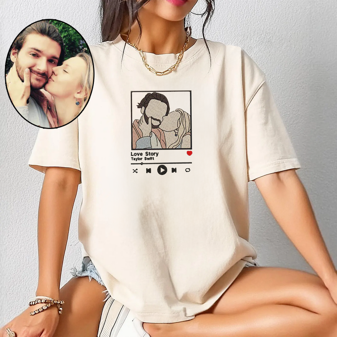 Sweat-shirt brodé personnalisé Portrait lecteur de musique Couple