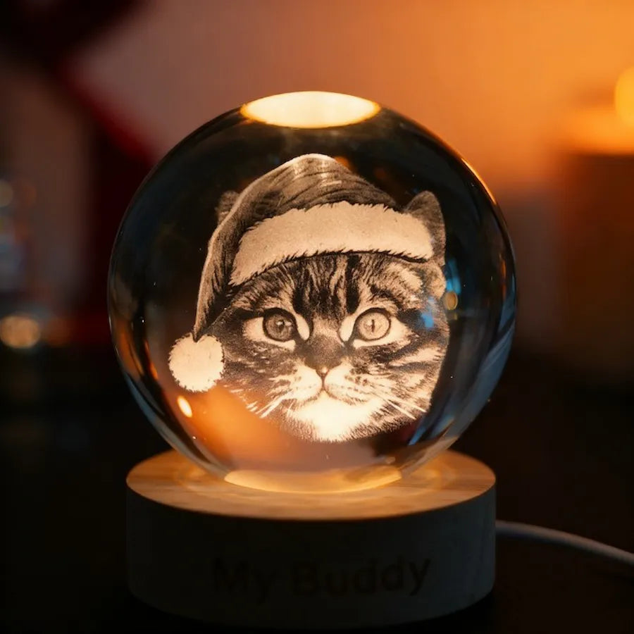 Veilleuse boule de cristal personnalisée avec photo de votre animal de compagnie, thème Noël