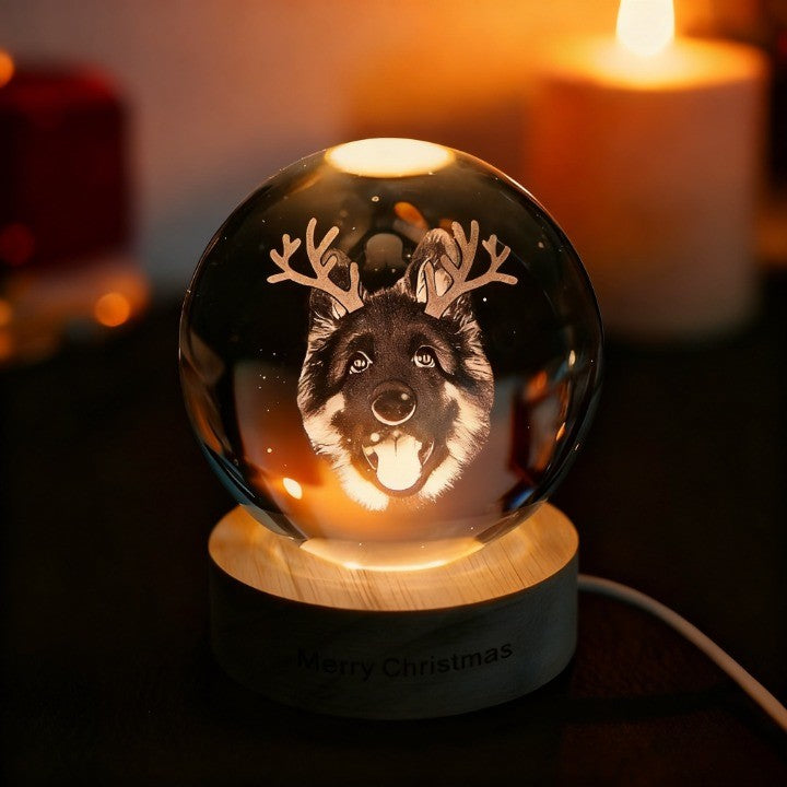 Veilleuse boule de cristal personnalisée avec photo de votre animal de compagnie, thème Noël
