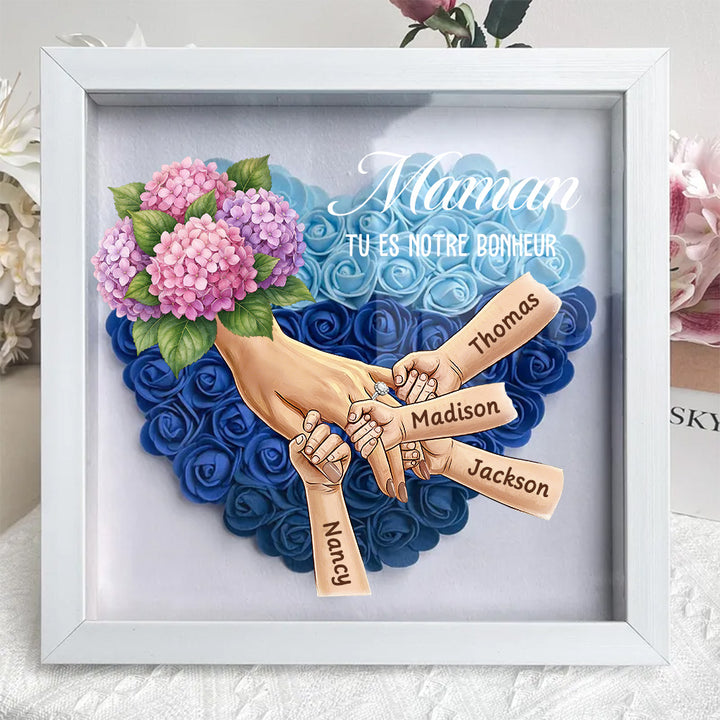 Boîte d’ombre cœur floral personnalisée Maman mains avec prénoms enfants et bague manicure