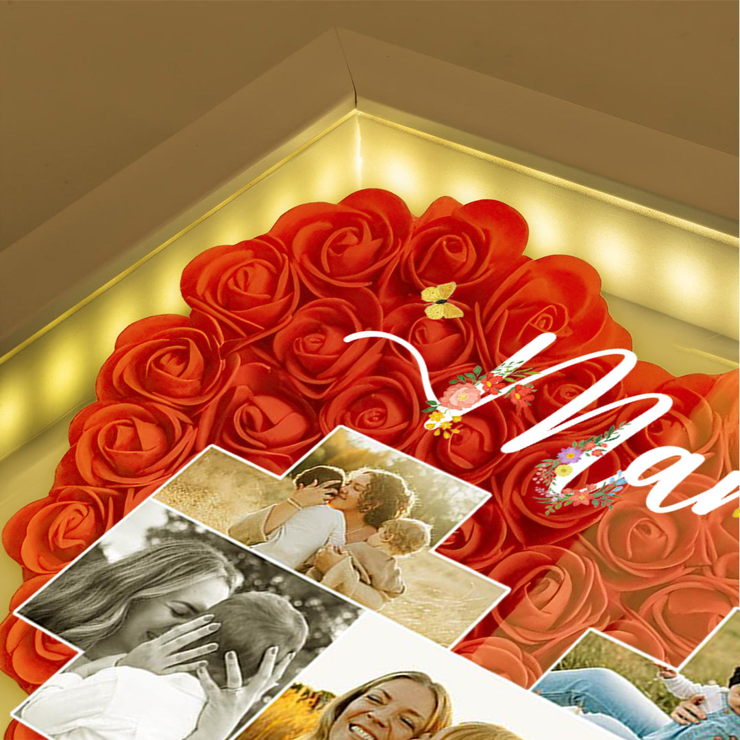 Boîte d’ombre cœur en roses personnalisée avec photos – Cadre souvenir familial