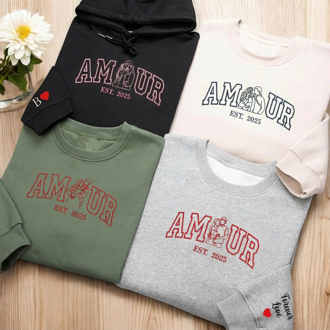 Sweat-shirt personnalisé avec portrait brodé photo AMOUR pour couple,Cadeaux de la Saint-Valentin💓
