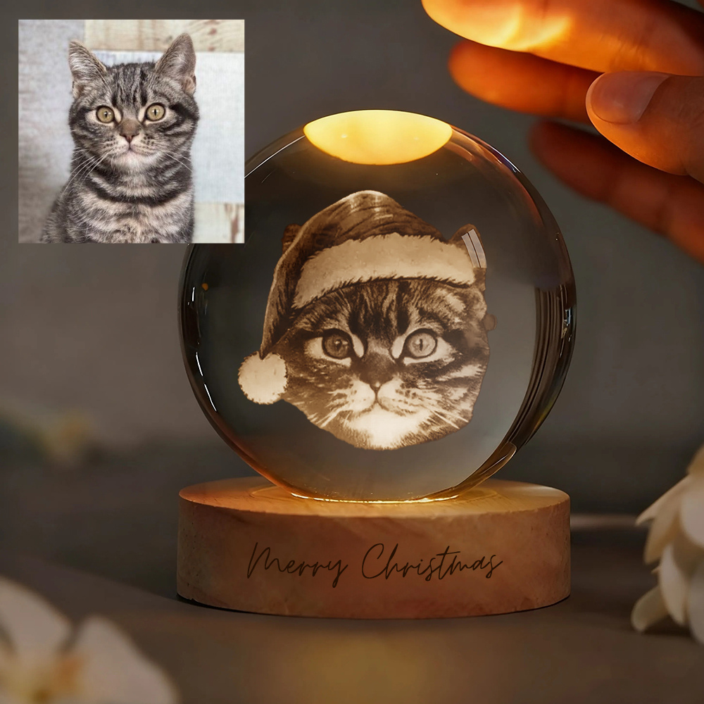 Veilleuse boule de cristal personnalisée avec photo de votre animal de compagnie, thème Noël