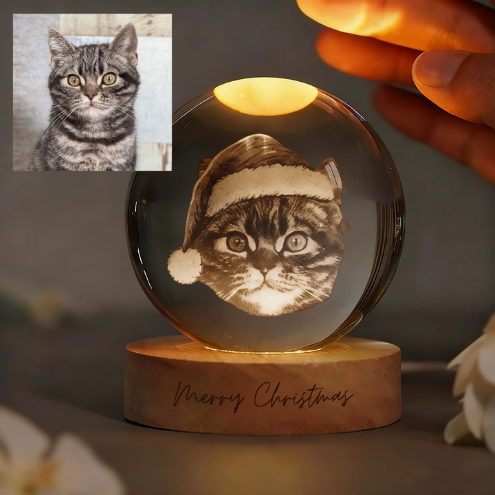 Veilleuse boule de cristal personnalisée avec photo de votre animal de compagnie, thème Noël