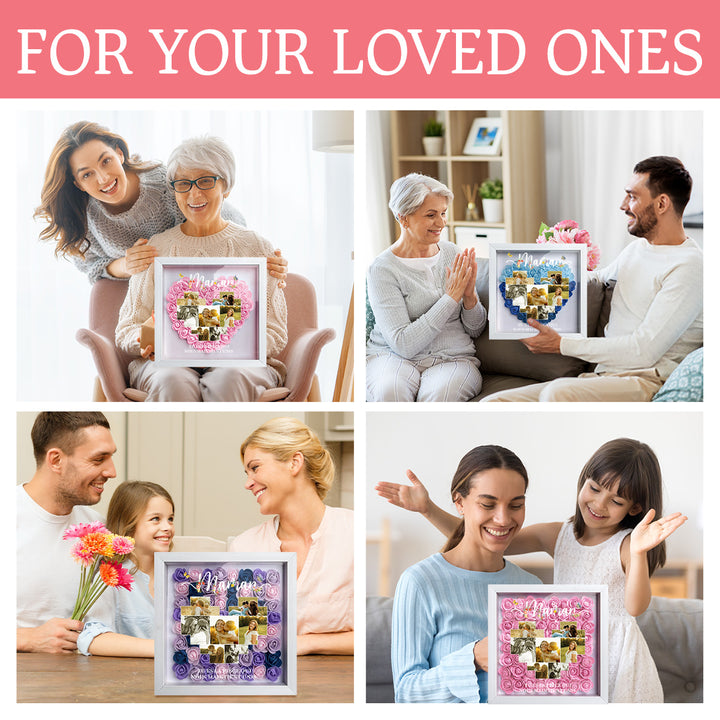 Boîte d’ombre cœur en roses personnalisée avec photos – Cadre souvenir familial