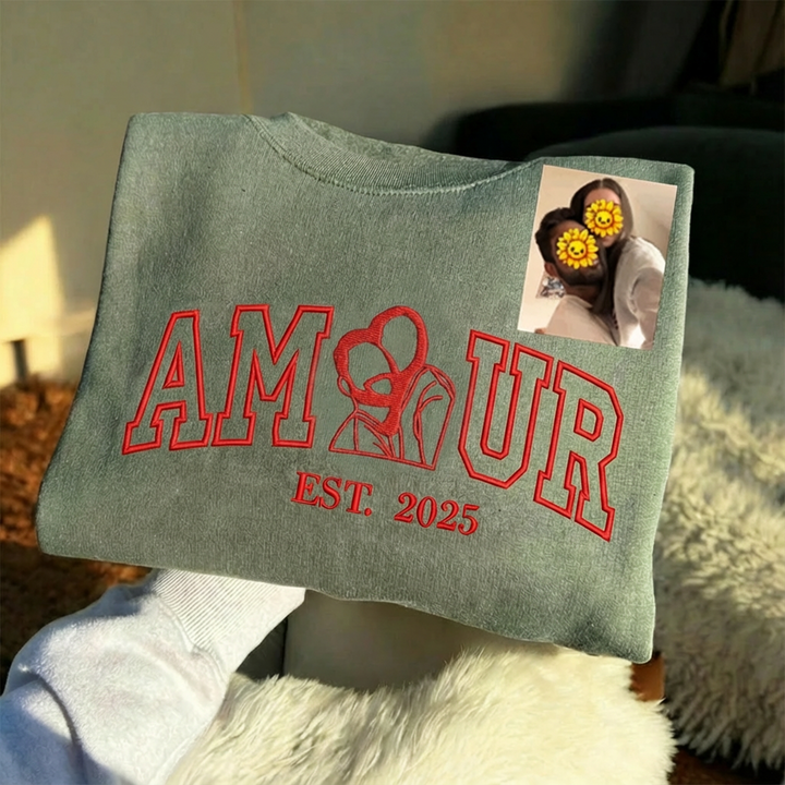 Sweat-shirt personnalisé avec portrait brodé photo AMOUR pour couple,Cadeaux de la Saint-Valentin💓