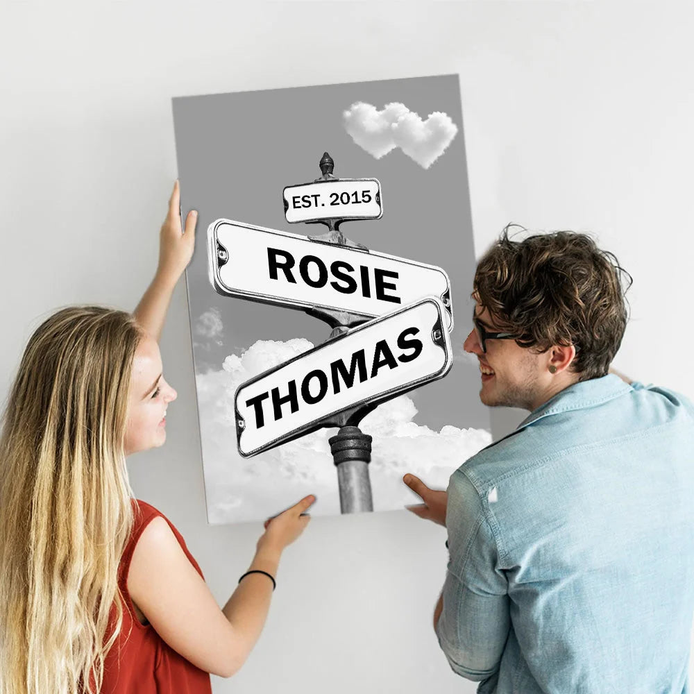 Cadre d'art mural avec nom personnalisé et plaque de rue en forme de cœur