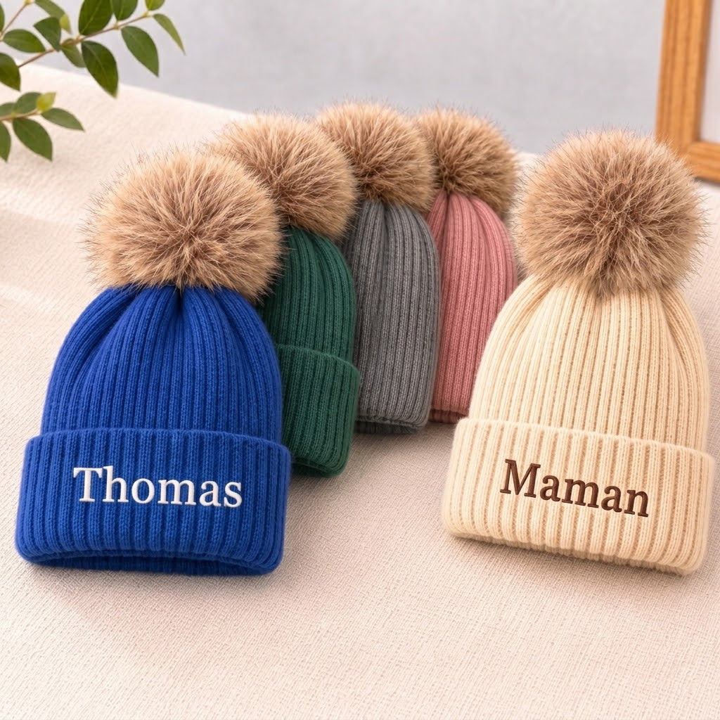 Bonnet d'hiver brodé personnalisé avec nom pour famille– Cadeau pour papa,maman ou enfant