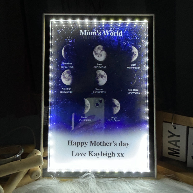 L'univers de maman/papa - Miroir lumineux personnalisé avec phases de lune étoilées