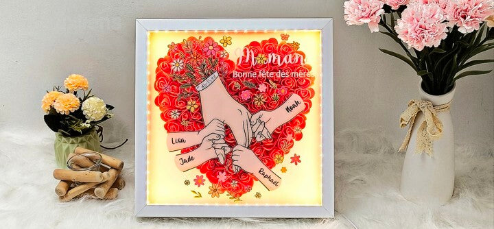 Boîte à fleurs personnalisée en forme de cœur pour maman, boîte à roses avec prénoms d'enfants