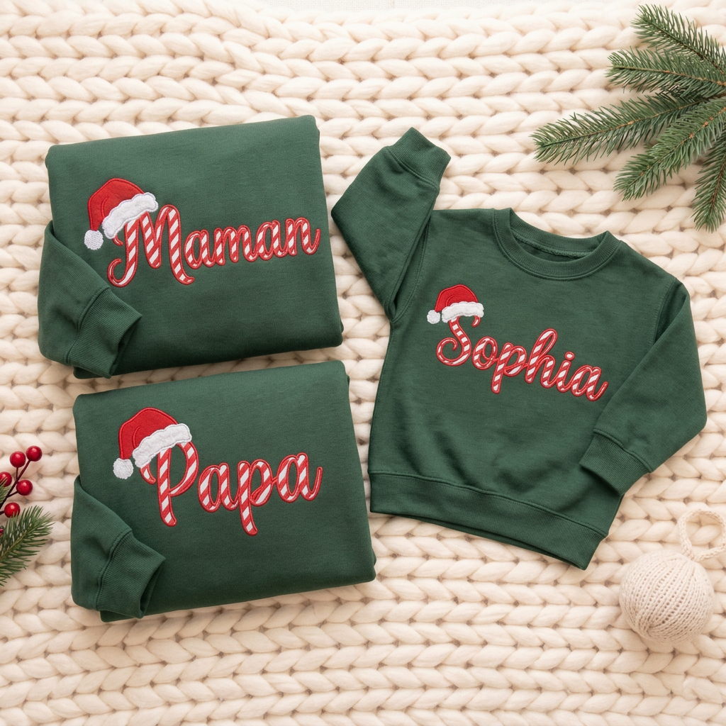 Sweat-shirt de Noël Personnalisé Famille – Broderie Maman, Papa & Prénom Enfant