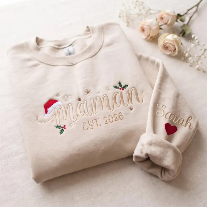 Sweatshirt de Noël Familial Brodé Personnalisé, Prénoms des Enfants sur les Manches