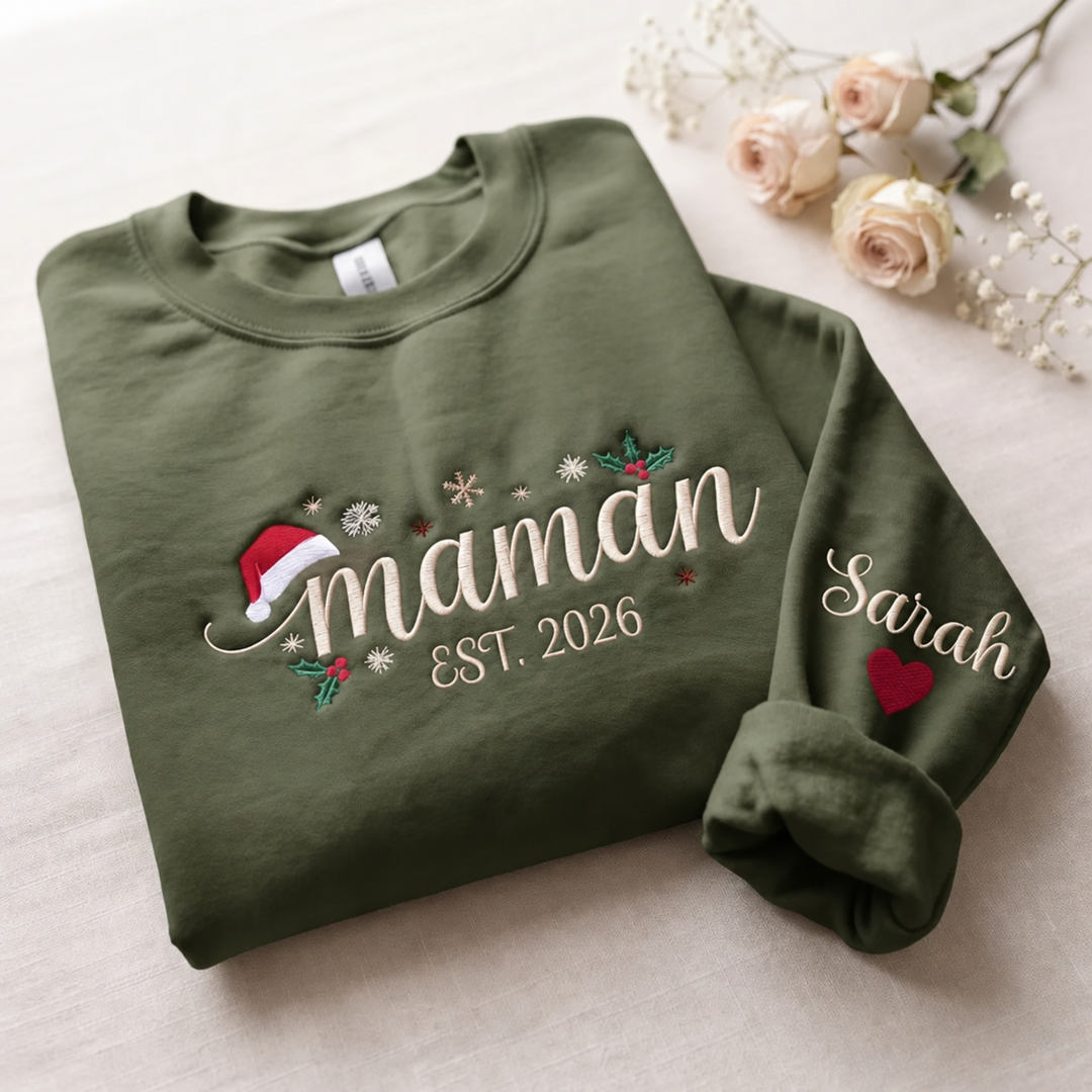 Sweatshirt de Noël Familial Brodé Personnalisé, Prénoms des Enfants sur les Manches