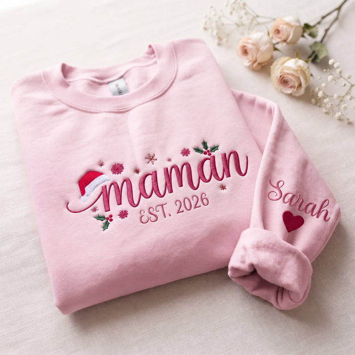 Sweatshirt de Noël Familial Brodé Personnalisé, Prénoms des Enfants sur les Manches