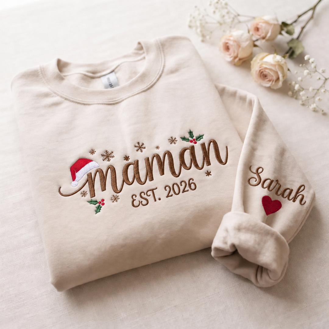 Sweatshirt de Noël Familial Brodé Personnalisé, Prénoms des Enfants sur les Manches