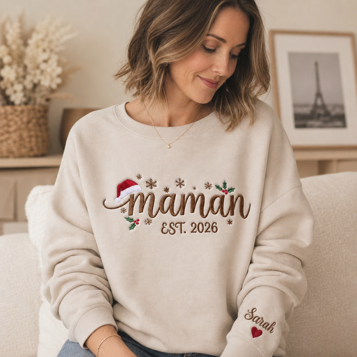 Sweatshirt de Noël Familial Brodé Personnalisé, Prénoms des Enfants sur les Manches