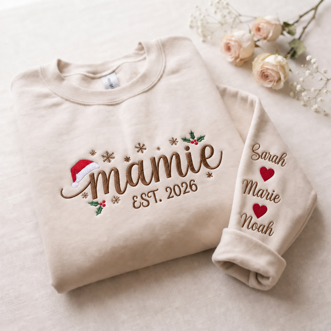 Sweatshirt de Noël Familial Brodé Personnalisé, Prénoms des Enfants sur les Manches