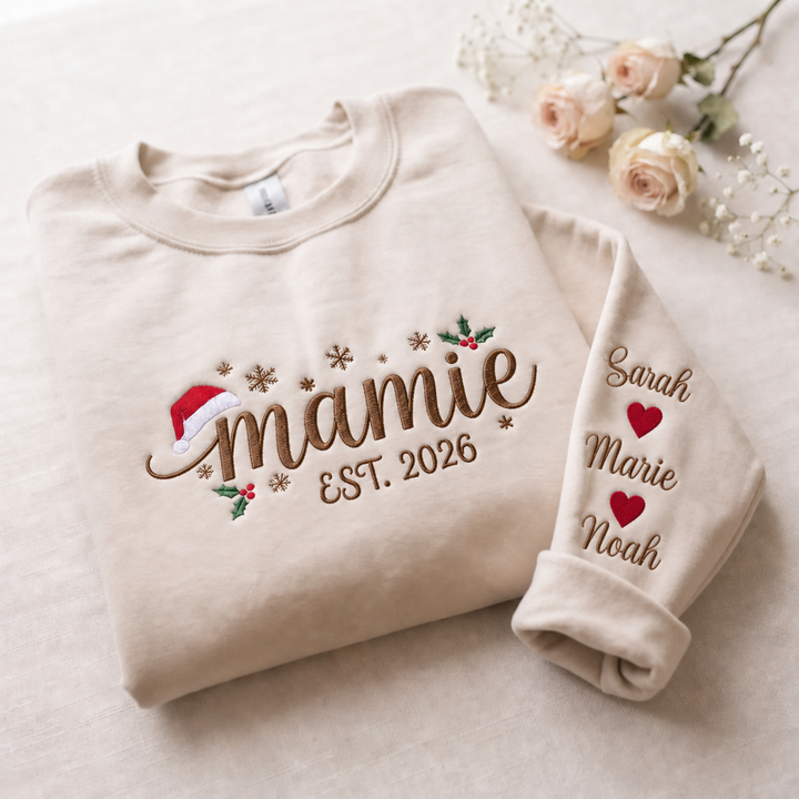 Sweatshirt de Noël Familial Brodé Personnalisé, Prénoms des Enfants sur les Manches