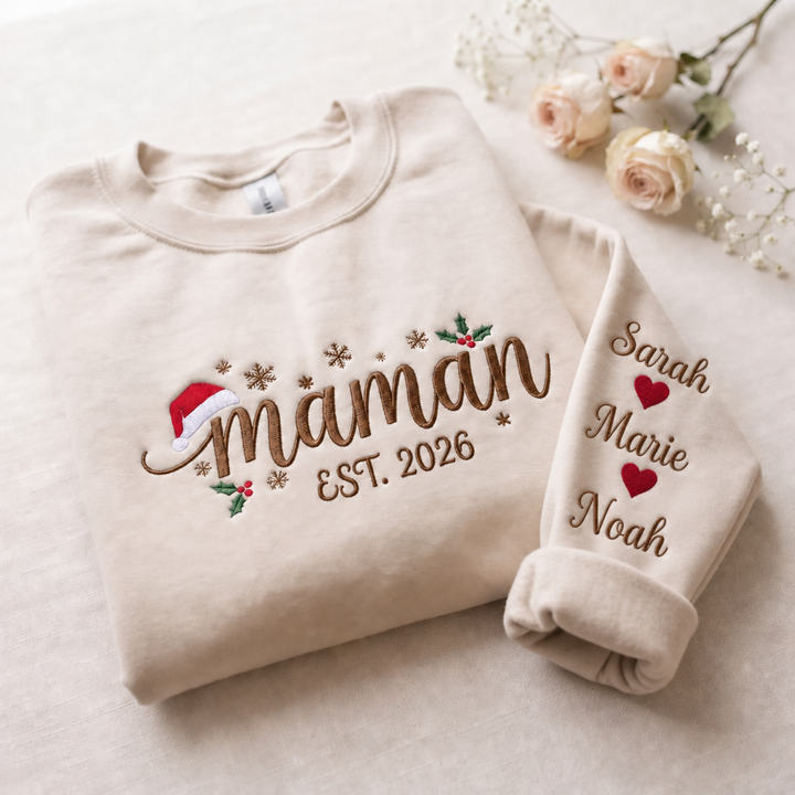 Sweatshirt de Noël Familial Brodé Personnalisé, Prénoms des Enfants sur les Manches