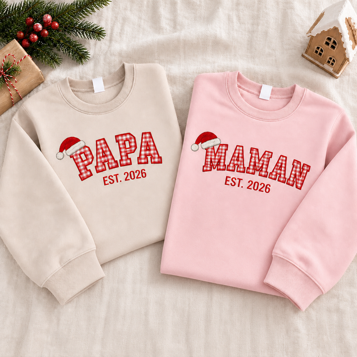 Sweatshirt de Noël Familial Brodé à Carreaux, Prénoms des Enfants sur les Manches