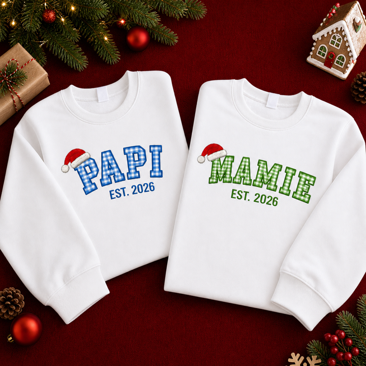 Sweatshirt de Noël Familial Brodé à Carreaux, Prénoms des Enfants sur les Manches
