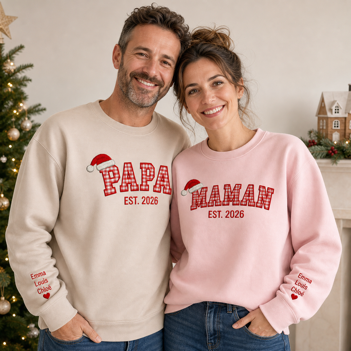 Sweatshirt de Noël Familial Brodé à Carreaux, Prénoms des Enfants sur les Manches