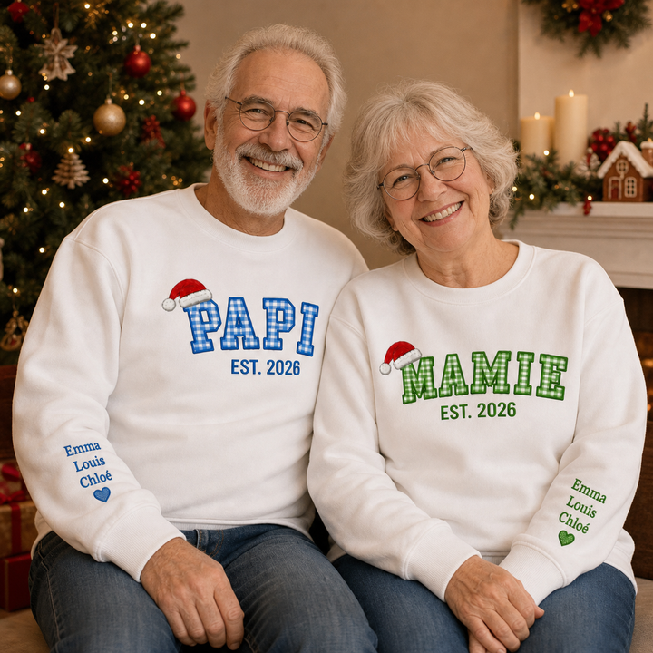 Sweatshirt de Noël Familial Brodé à Carreaux, Prénoms des Enfants sur les Manches