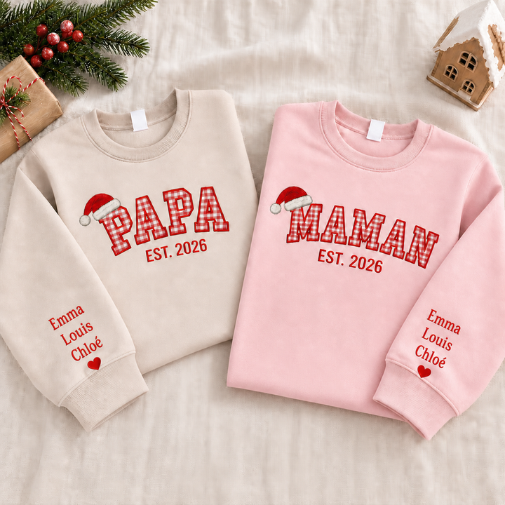 Sweatshirt de Noël Familial Brodé à Carreaux, Prénoms des Enfants sur les Manches