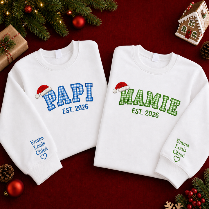 Sweatshirt de Noël Familial Brodé à Carreaux, Prénoms des Enfants sur les Manches
