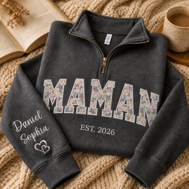 Sweat 1/4 Zip Brodé PAPA/MAMAN avec Appliqué et Année EST, Cadeau Personnalisé Famille