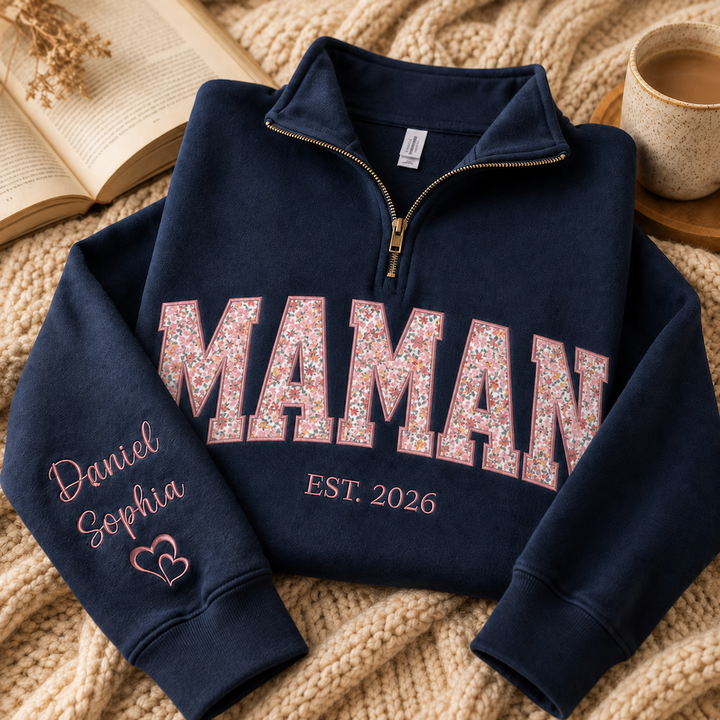 Sweat 1/4 Zip Brodé PAPA/MAMAN avec Appliqué et Année EST, Cadeau Personnalisé Famille
