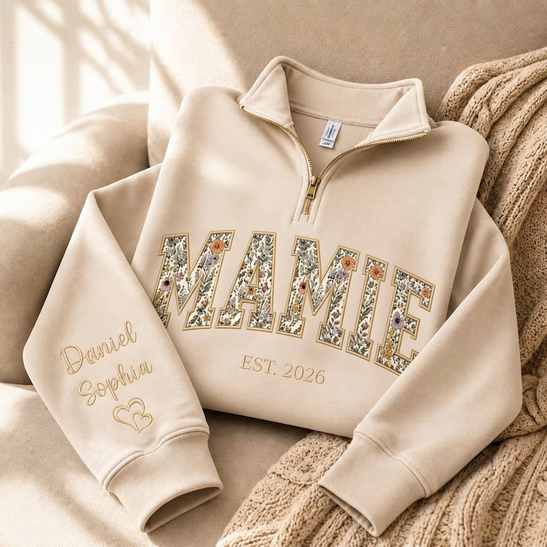 Sweat 1/4 Zip Brodé PAPA/MAMAN avec Appliqué et Année EST, Cadeau Personnalisé Famille