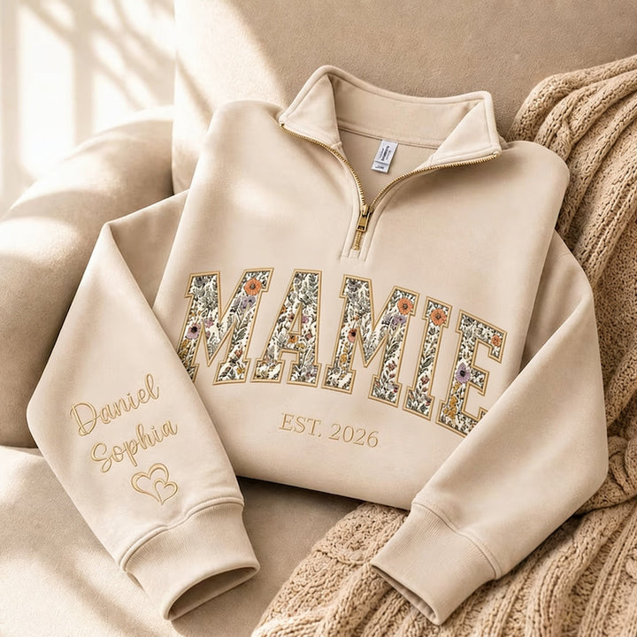 Sweat 1/4 Zip Brodé PAPA/MAMAN avec Appliqué et Année EST, Cadeau Personnalisé Famille