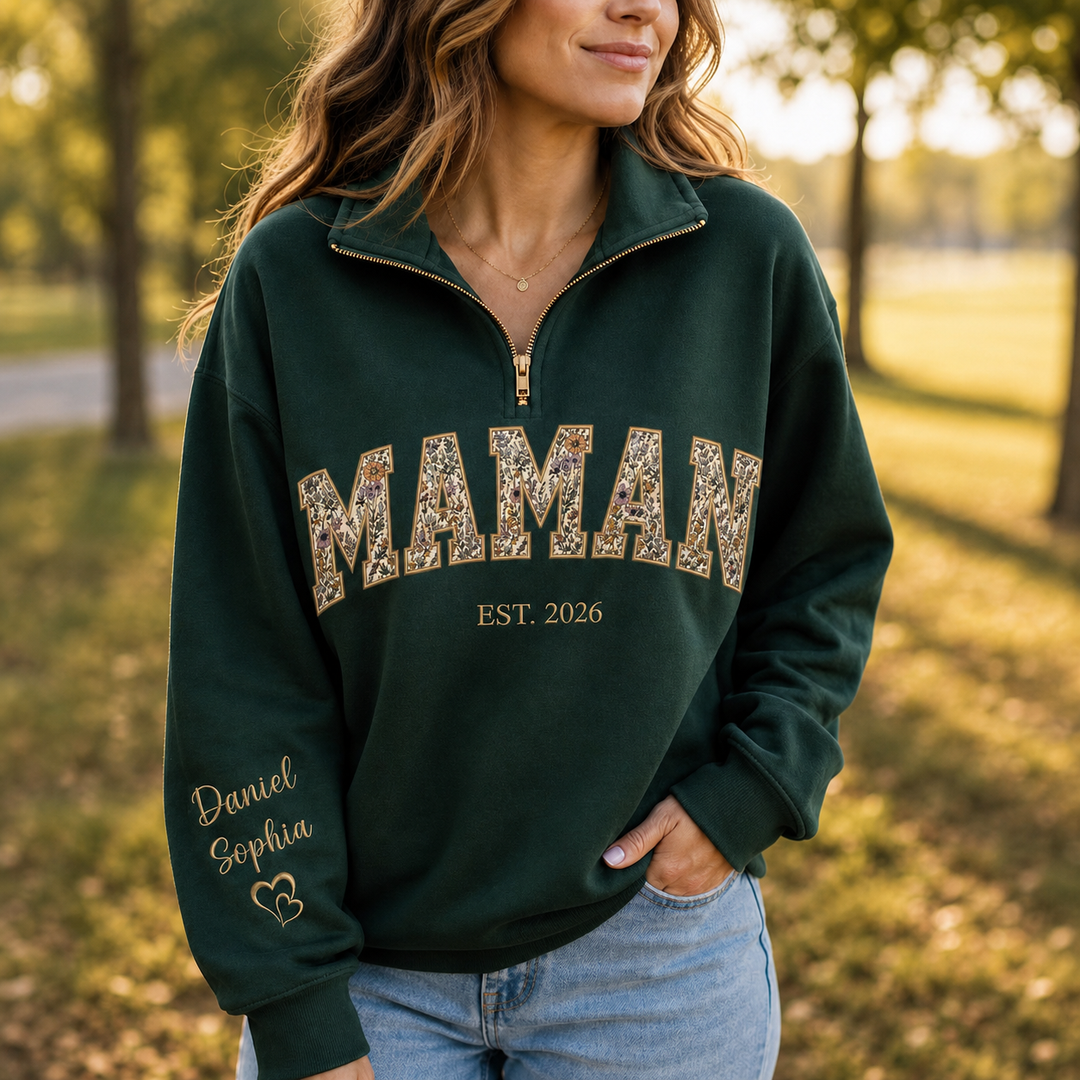 Sweat 1/4 Zip Brodé PAPA/MAMAN avec Appliqué et Année EST, Cadeau Personnalisé Famille