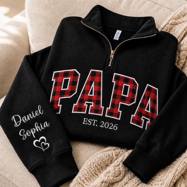 Sweat 1/4 Zip Brodé PAPA/MAMAN avec Appliqué et Année EST, Cadeau Personnalisé Famille