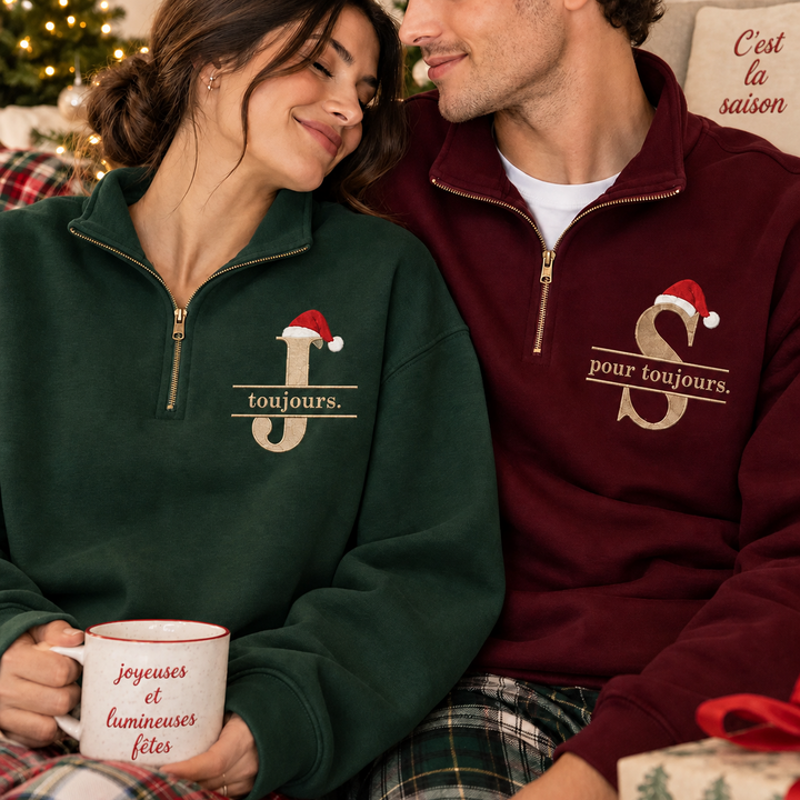 Sweats de Noël Couple 1/4 Zip Personnalisés, Initiales Brodées, Cadeau Romantique pour Lui et Elle