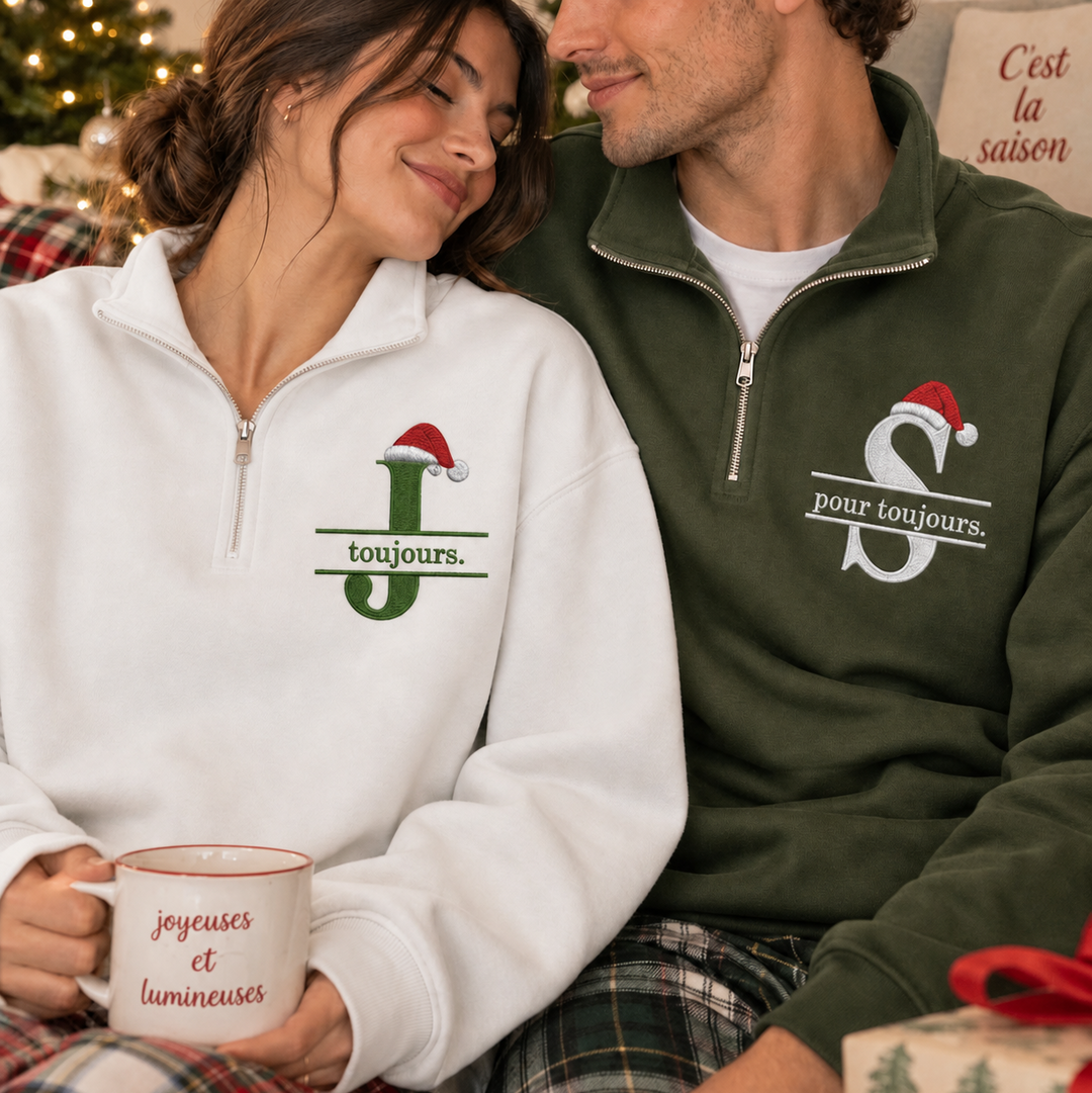 Sweats de Noël Couple 1/4 Zip Personnalisés, Initiales Brodées, Cadeau Romantique pour Lui et Elle
