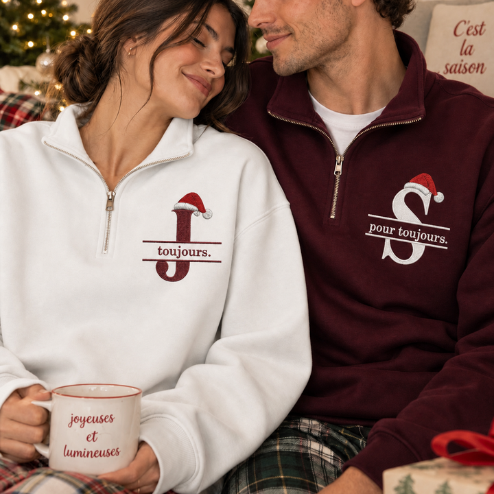 Sweats de Noël Couple 1/4 Zip Personnalisés, Initiales Brodées, Cadeau Romantique pour Lui et Elle