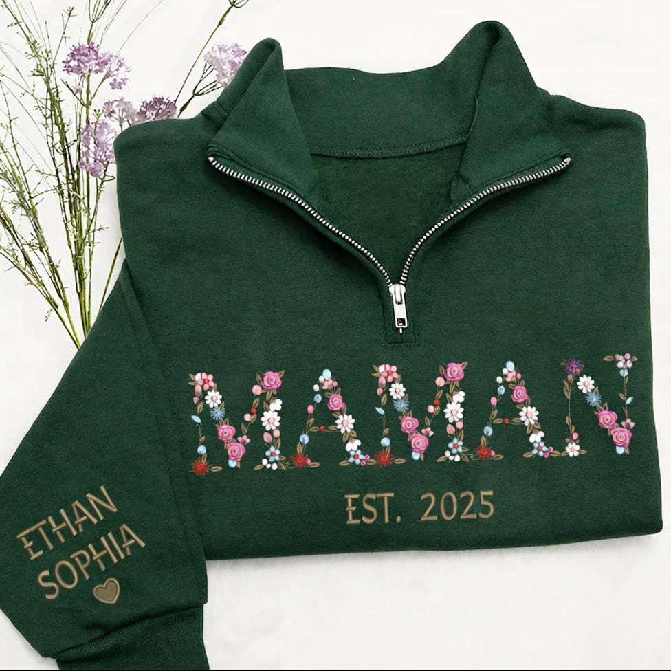 Pull à Quart de Zip MAMAN Personnalisé, Broderie Florale, Pull Brodé pour Maman