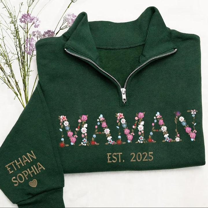 Pull à Quart de Zip MAMAN Personnalisé, Broderie Florale, Pull Brodé pour Maman