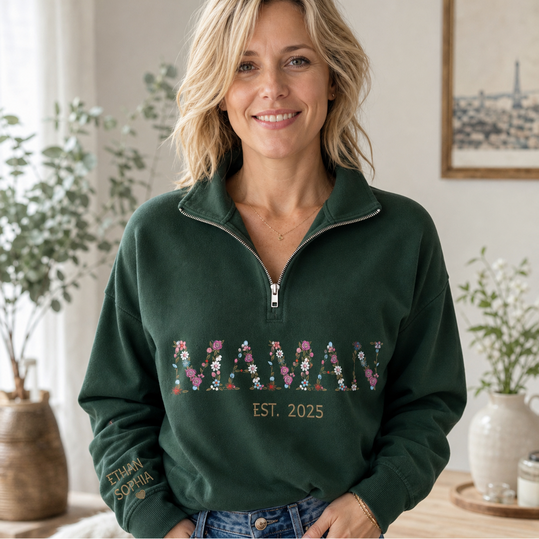 Pull à Quart de Zip MAMAN Personnalisé, Broderie Florale, Pull Brodé pour Maman