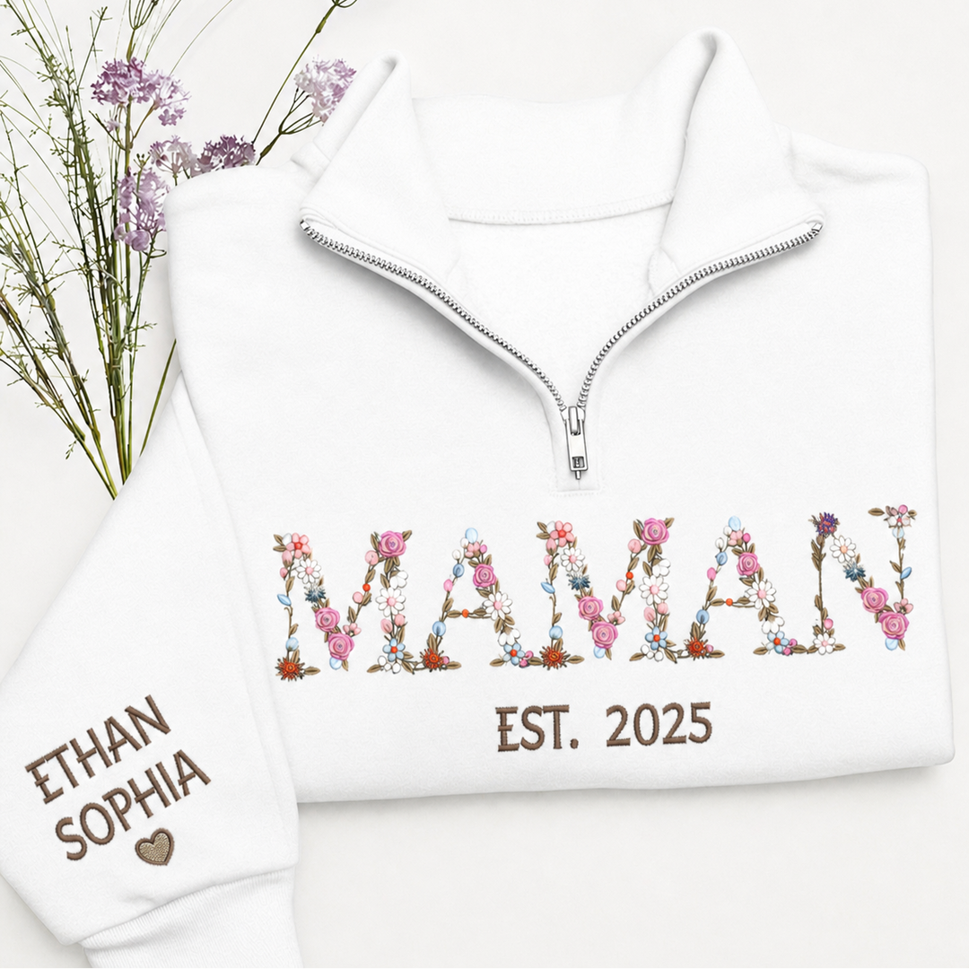 Pull à Quart de Zip MAMAN Personnalisé, Broderie Florale, Pull Brodé pour Maman