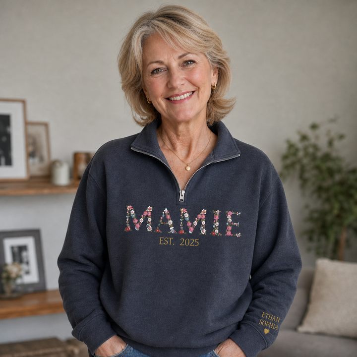 Pull à Quart de Zip MAMAN Personnalisé, Broderie Florale, Pull Brodé pour Maman