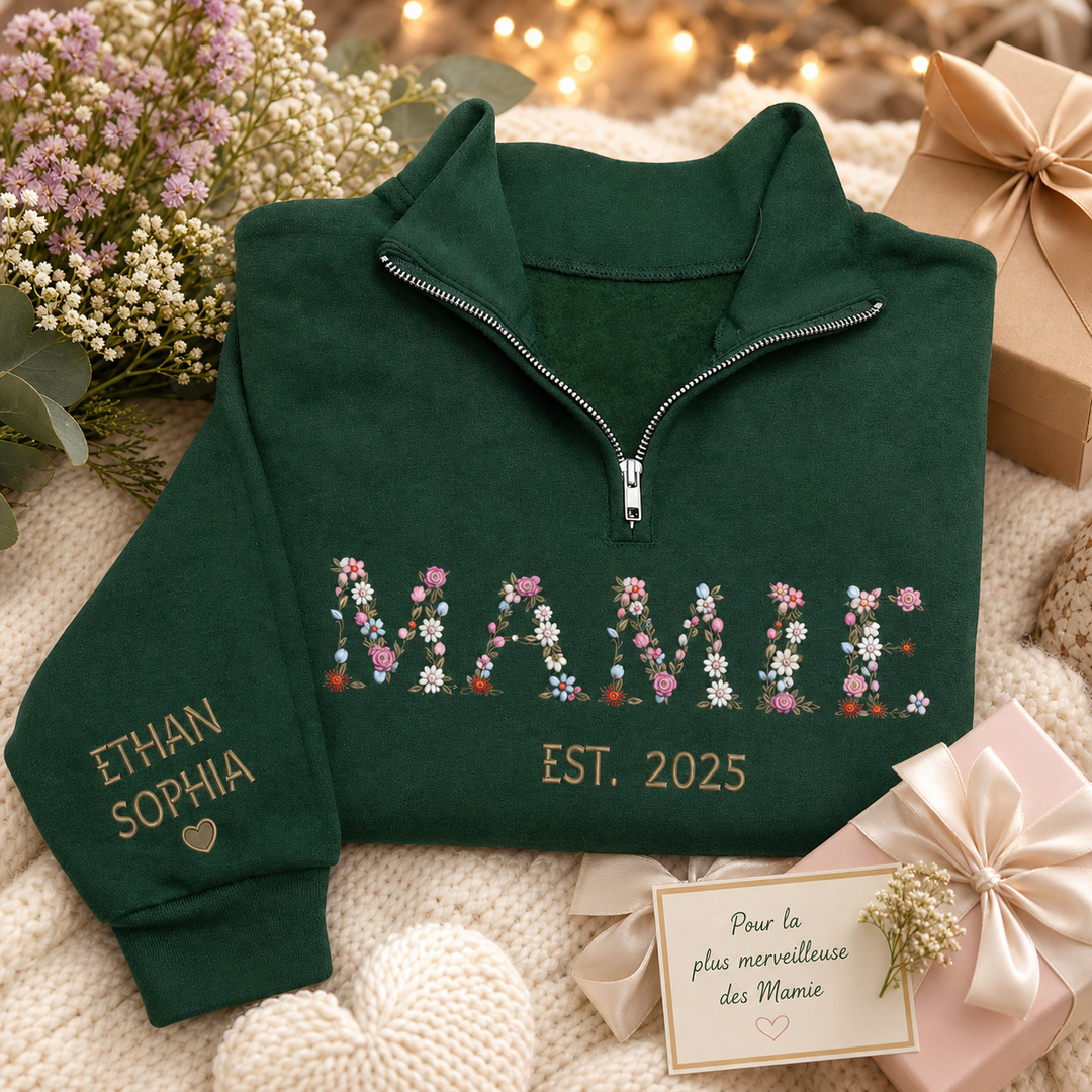 Pull à Quart de Zip MAMAN Personnalisé, Broderie Florale, Pull Brodé pour Maman