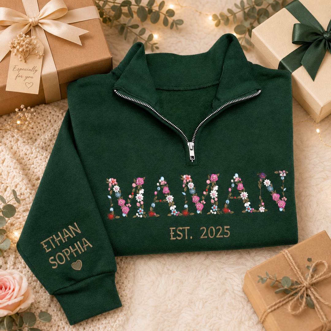 Pull à Quart de Zip MAMAN Personnalisé, Broderie Florale, Pull Brodé pour Maman