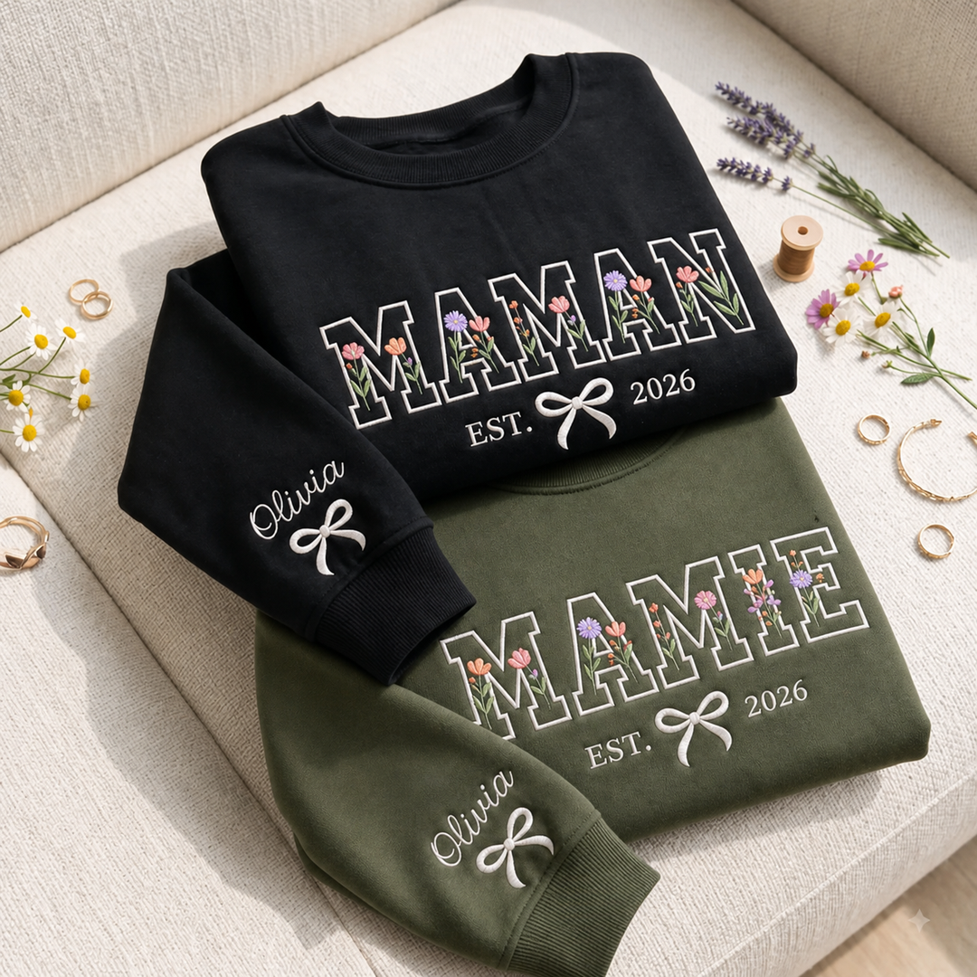 Sweat-shirt à motifs floraux brodés et personnalisés – Cadeau de Noël pour maman ou mamie
