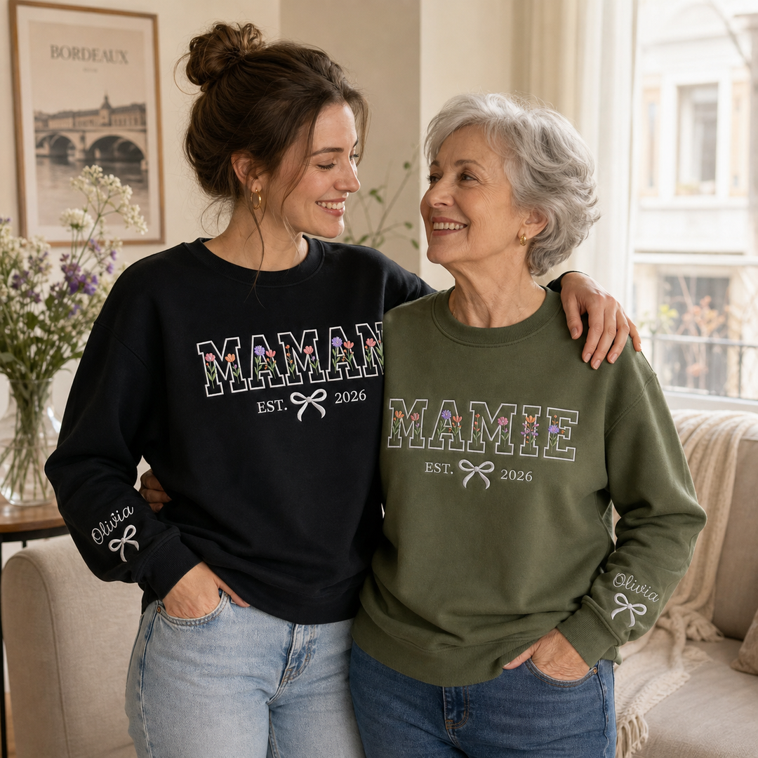 Sweat-shirt à motifs floraux brodés et personnalisés – Cadeau de Noël pour maman ou mamie